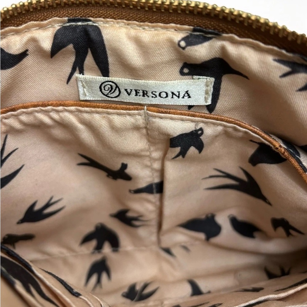 Versona Brown Faux Ostrich Croc Wristlet Clutch Tassel Zip Bag Bird Print Liner - Picture 4 of 5